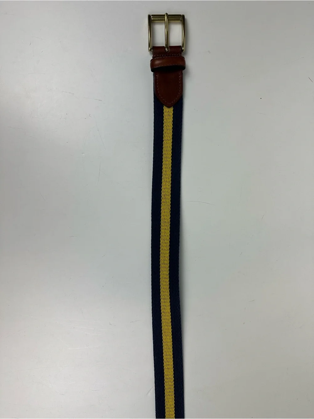 Men's Navy & Yellow Striped Belt with Brown Leather Trim